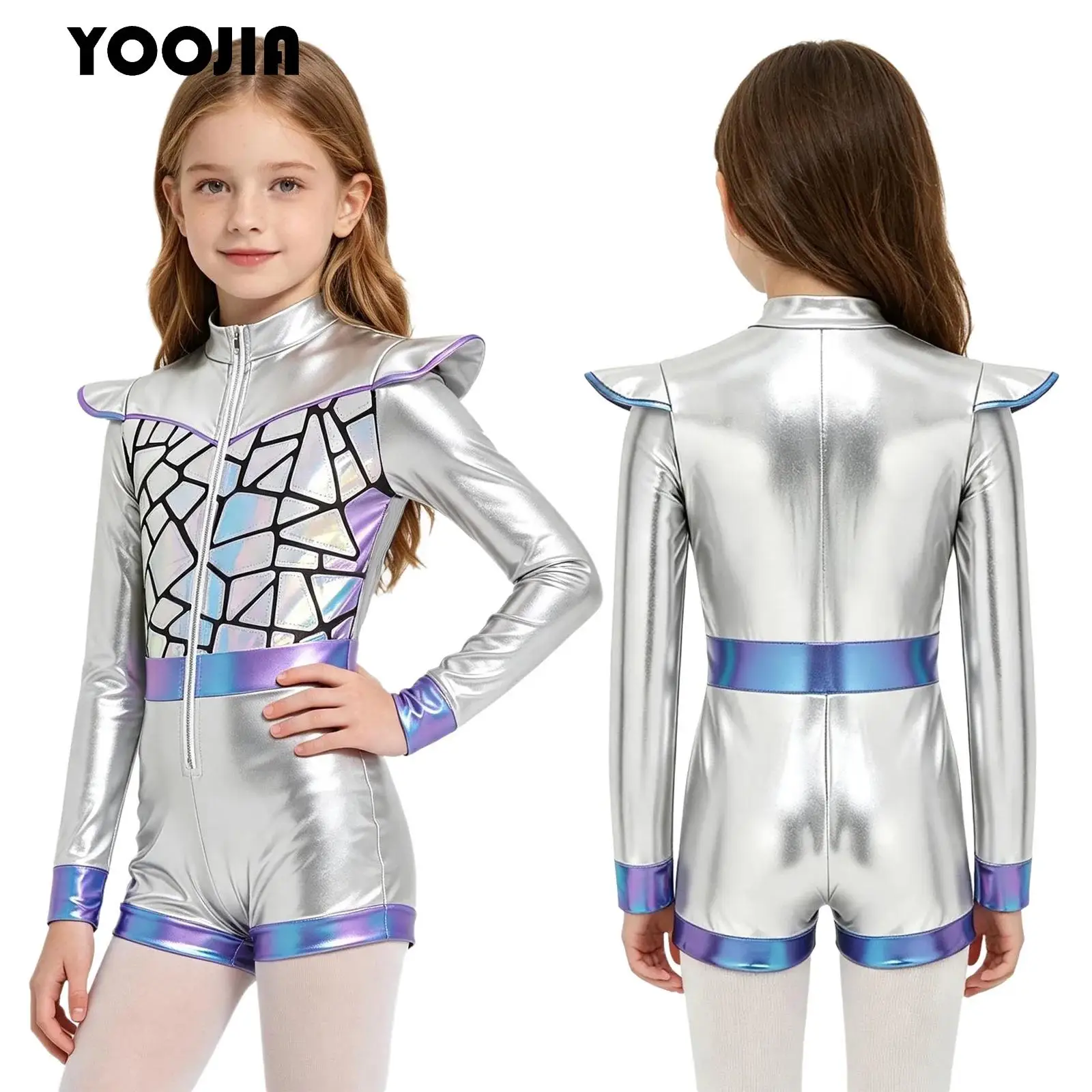 Kids Alien Dress Up Halloween Space Costume Girls Metallic Shiny Alien Jumpsuit Glitter Sequin Long Sleeve Short Bottom Romper
