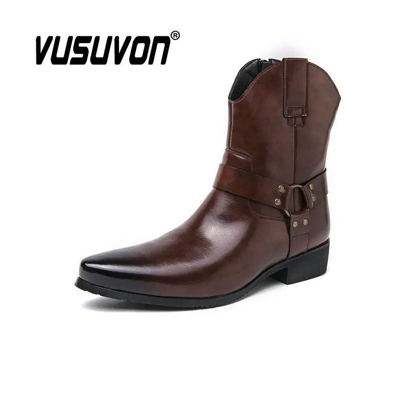 Fashion Men Leather Boots Black Casual Warm Winter Shoes Comfortable Ankle ZIP Buckle Strap Flats Big Size 38-46 British Style