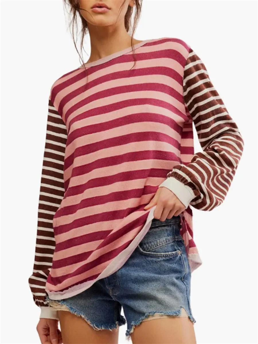 Women’s Stripes Print Tops Long Sleeve Round Neck Contrast Color Loose T-Shirts Spring Fall Tunics