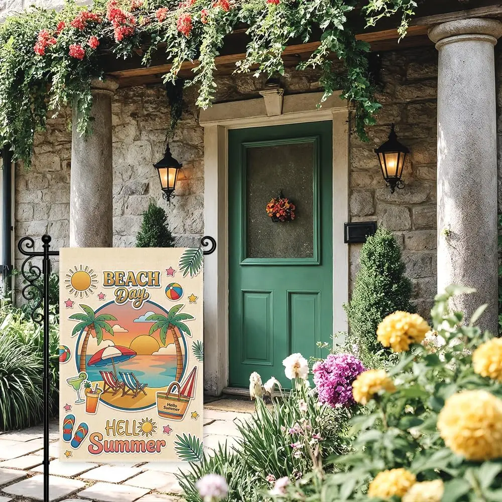 Beach Day Hello Summer Garden Flag, Beach House Double Sided Welcome Flag, Tropical Porch Banner, Hawaiian Summertime Vibes  IIC