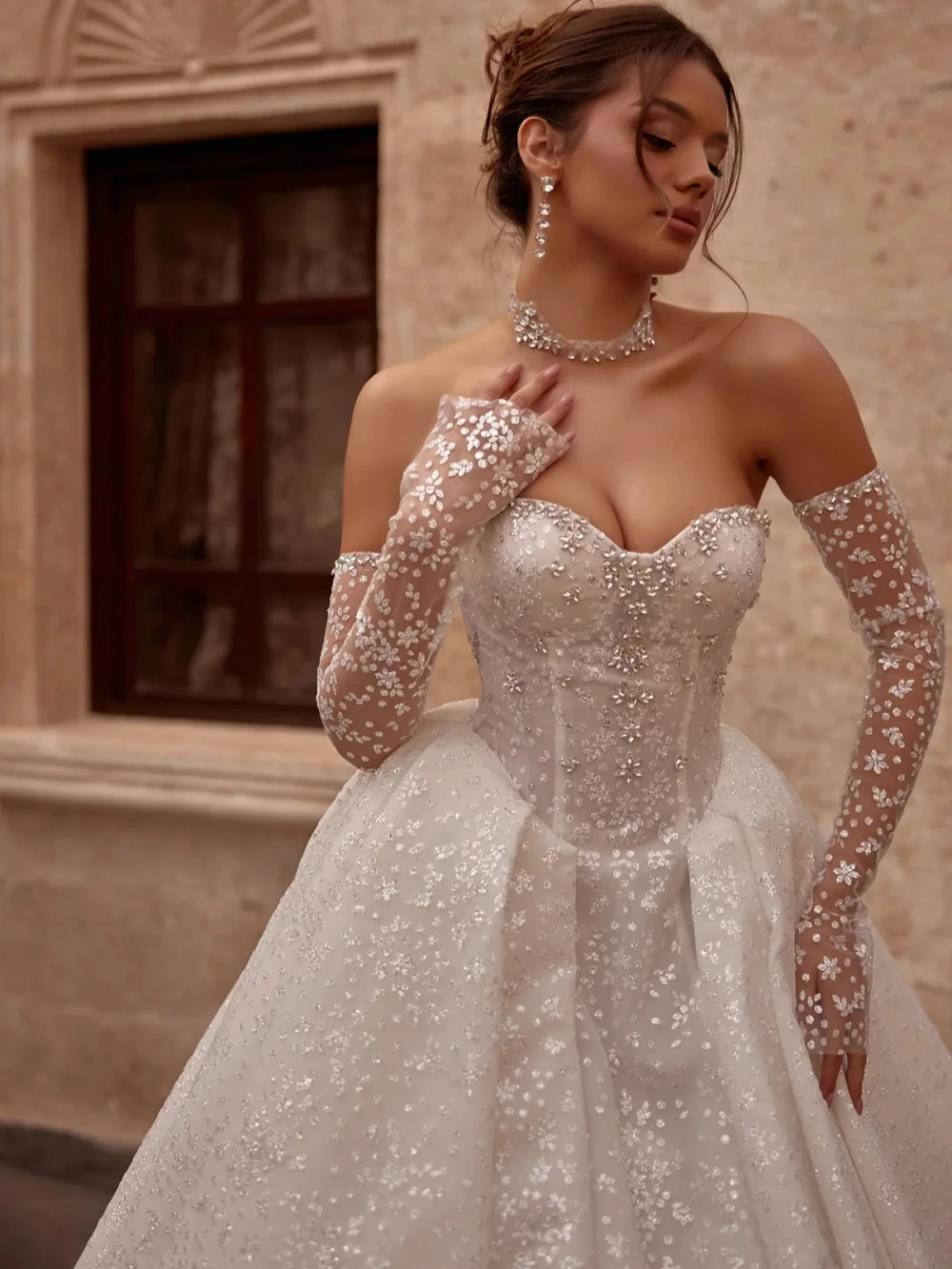 Glitter Silver Crystal Appliques Wedding Dress Detachable Sleeve Sweetheart Neck Bridal Gown Customzied A-line Dresses For Bride
