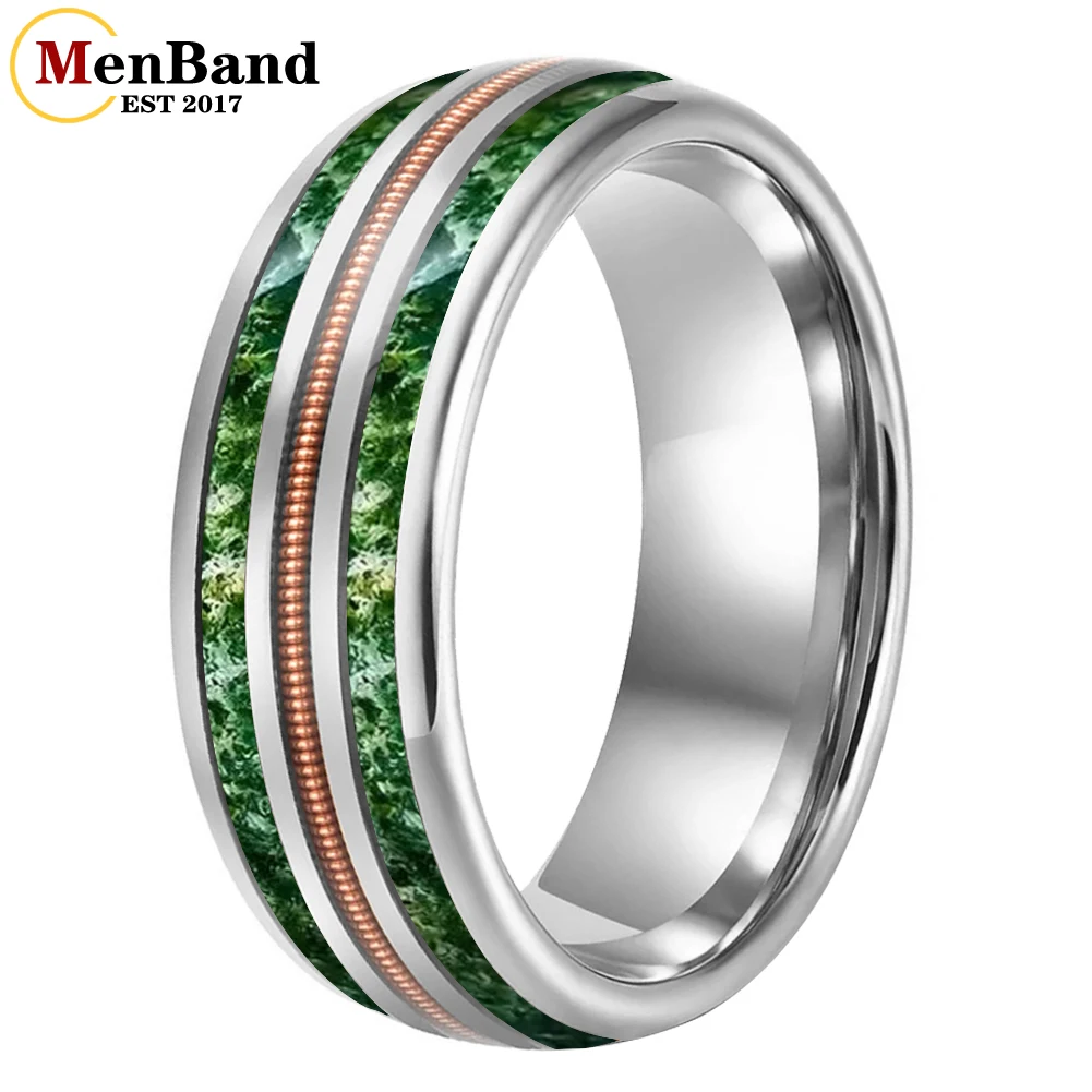 

MenBand 8MM Men Women New Wedding Band Tungsten Carbide Ring with Rose Gold Guitar String and of Moss Agate Inlay Comfort Fit