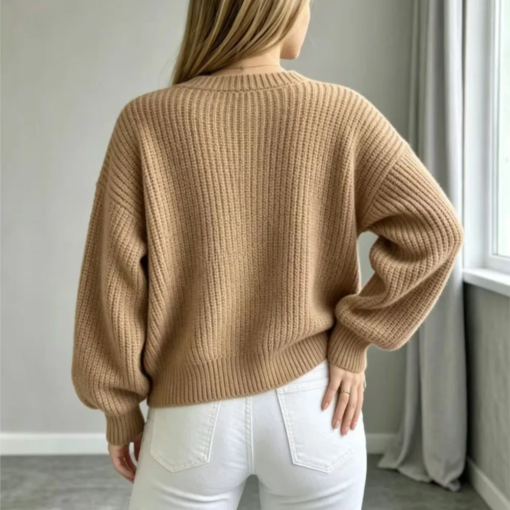 Women's Clothing Loose V-neck Knitted Cardigan New Sweater Jacket Top Solid Color Long Sleeves Simple Style All-match Homewear