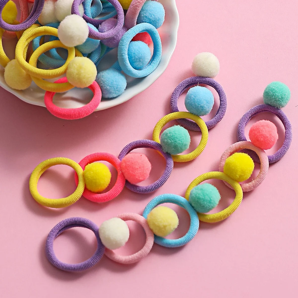 50Pcs Kids Elastic Hair Bands Girls Plush Ball Rubber Band For Children Sweets Scrunchie Hair Ties Clip Baby Hair Accessories