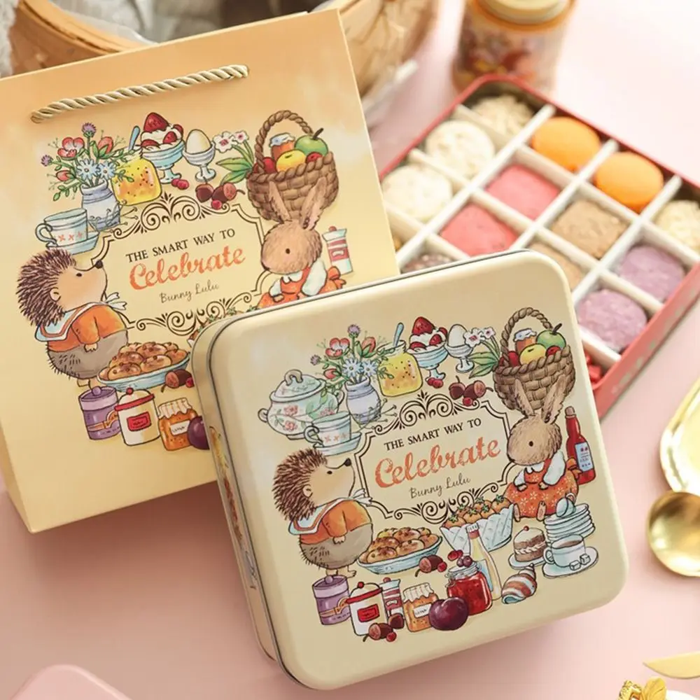 

Cartoon Rabbit Iron Box Multicolor 17*17*6cm Cake Packaging Box with Lid Square Candy Box Tea Candy Cookies Cake Biscuits