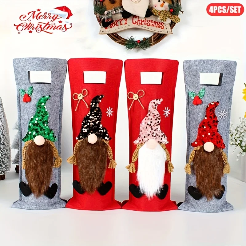 

4PCS Wine Bottle Cover Portable Christmas Rudolf Cartoon Exquisite Faceless Old Man Wine Bottle Bag Reusable Wine Pouch Gifts