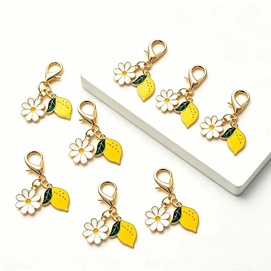 1/5/10/20/50/100pcs Fresh Lemon Daisy Combination Lobster Clasp Pendant, Pure White Small Daisies with Green Leaf Faux Lemon. Co