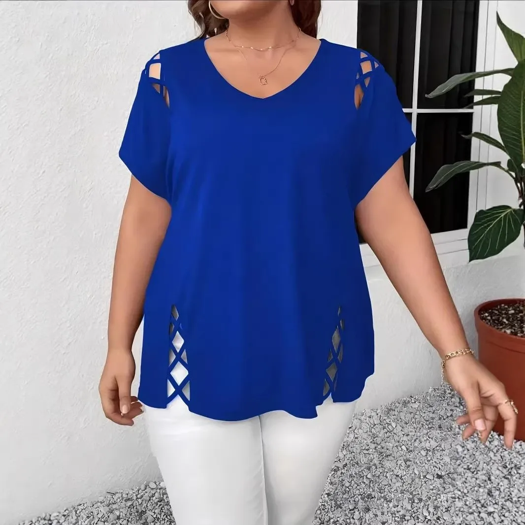 Women's V Neck Short Sleeve Loose Fit Solid Color Cut Out Streetwear T Shirt Women's T-shirts And Polos Female Clothing Blue