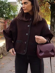 Retro Stand Collar Solid Color Short Jacket Chic Single Breasted Full Sleeve Lady Coat 2024 New Woman Fall Commuter Outerwear