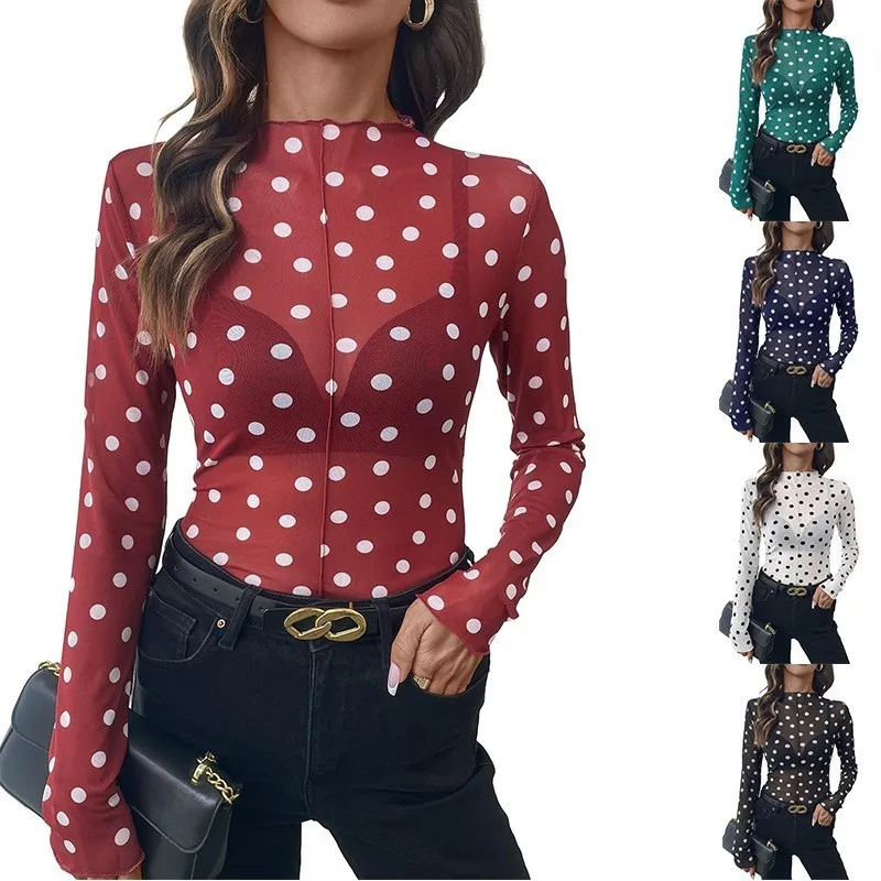 Mesh Bodycon Blouses 2026 New Women's Half Turtleneck See-through Polka Dot Long-sleeve T-shirt Sexy Mesh Tops For Women Clothes