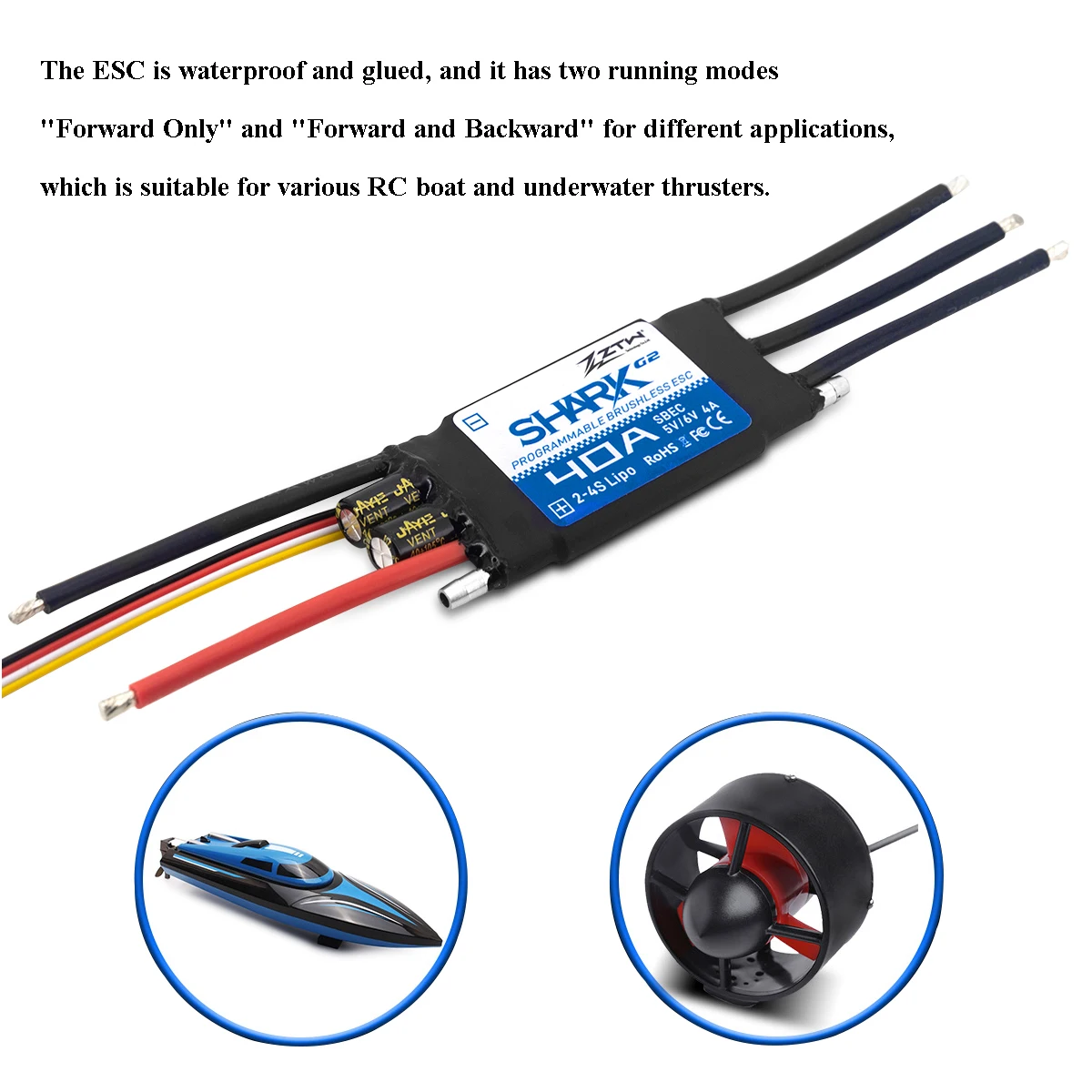 ZTW Upgraded 32-Bit Shark 40A ESC G2 SBEC 5/6V 4A Waterproof Water Cooling Bidirectional Brushless Speed Controller For RC Boat