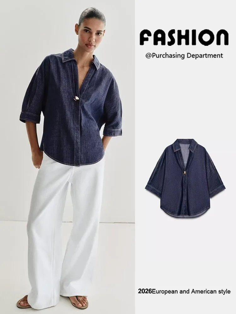 Spring New Arrival Women's Fashionable Long Sleeve Collared Denim Embellished Shirt Elegant Personality Women's Top