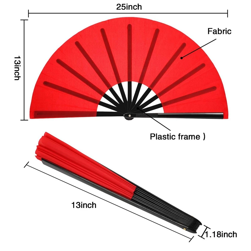 4 Pieces Large Folding Fan Nylon Cloth Handheld Folding Fan Chinese Kung Fu Tai Chi Fan Decoration Fold Hand Fan(Red)