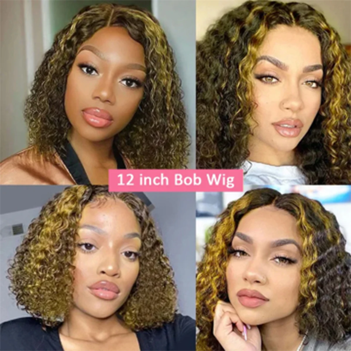 4/27 Deep Wave Bob Wig Transparent Lace Front  Human Hair T part  Frontal Wig for Women Highlight Bob Wig Human Hair 150 Density