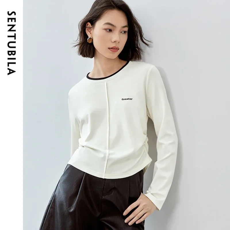 SENTUBILA Cotton Shirring T-shirt Women 2024 Autumn Slim Fit Spliced O Neck Print Long Sleeve Simple Knit Tops Ladies 143T57369X