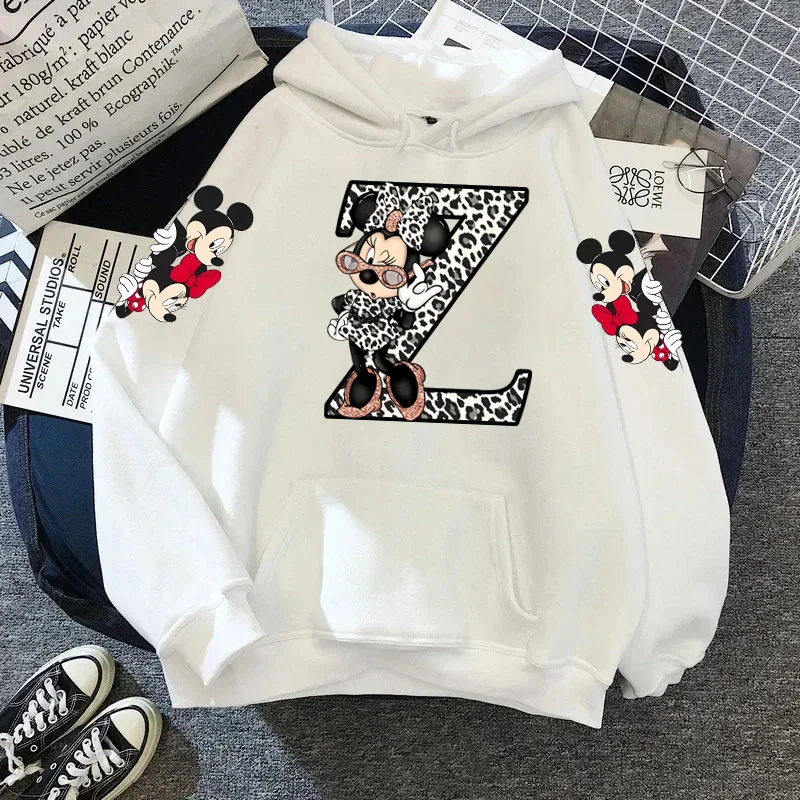 Leopard Minnie Mouse Disney A-Z 26 English Letters Hoodie Woman Clothing Y2k Clothes Long Sleeve Y2k Women\'s Sweatshirts Hoodies