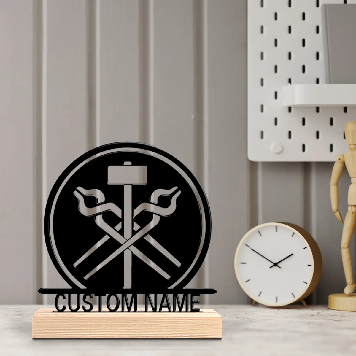 1pc Fashion  Blacksmith Customized Name Tin Statue Metal Figurine With Wood Base Iron Sculpture Study Desktop Decoratio