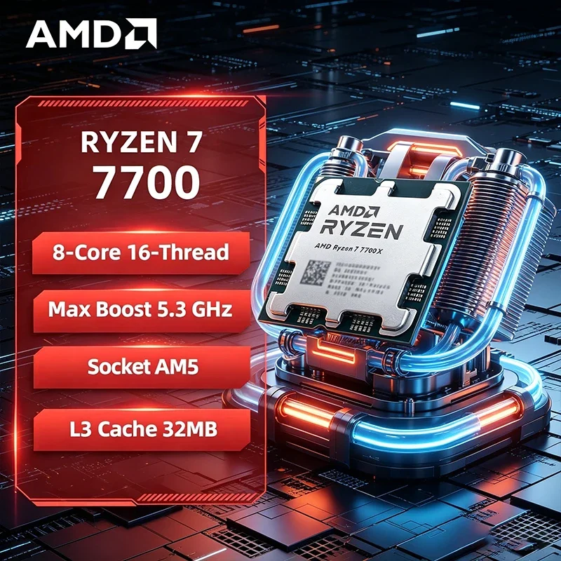 Procesador AMD Ryzen 7 7700 R7 7700 de 8 Núcleos y 16 Subprocesos, 5.3GHz, Desbloqueado, para Escritorio, Socket AM5, para Juegos, Sin Empaque, Pie