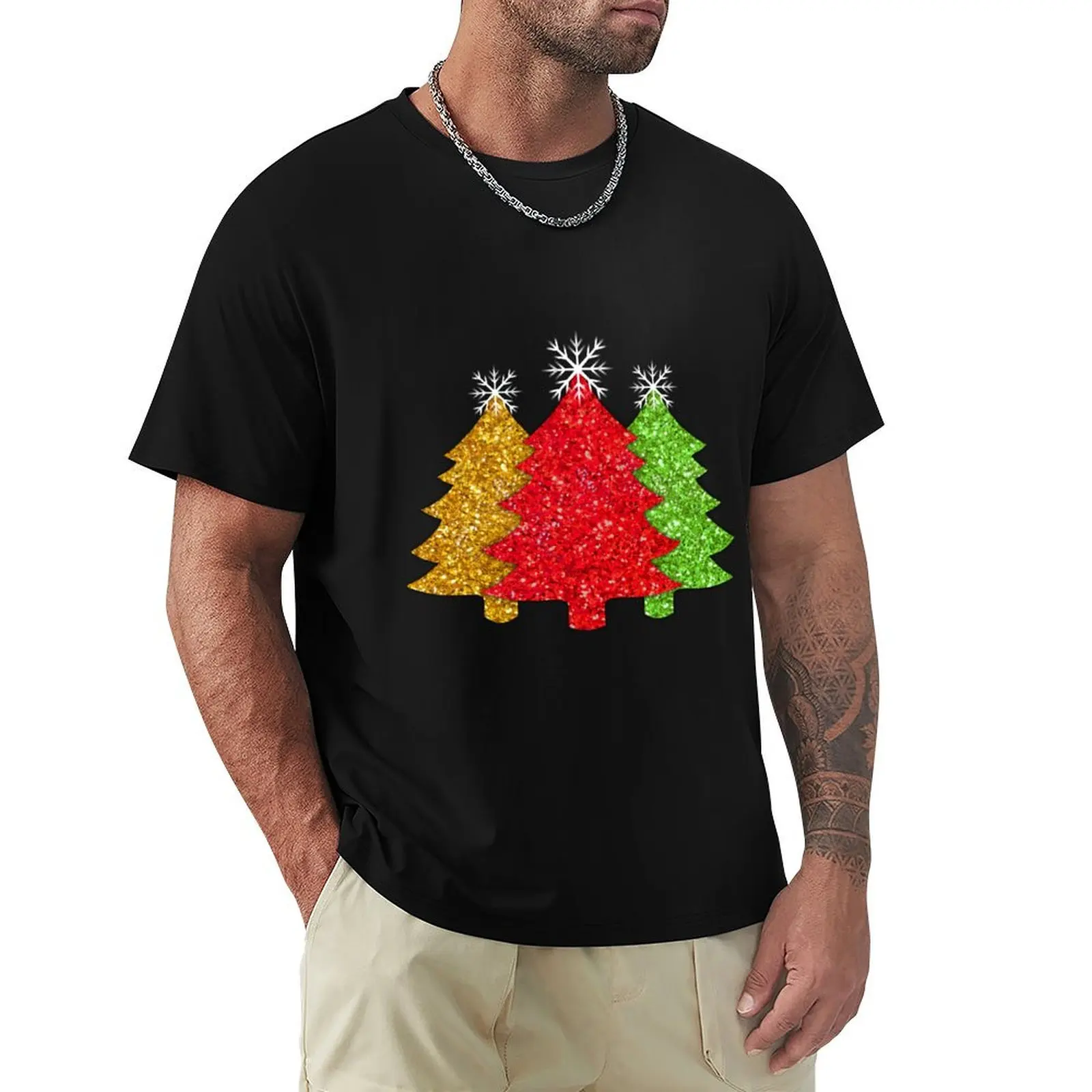 Sparkling glitter red gold green Christmas tree pattern frosty snowflakes T-Shirt Big Size Short Sleeve Tee for Men