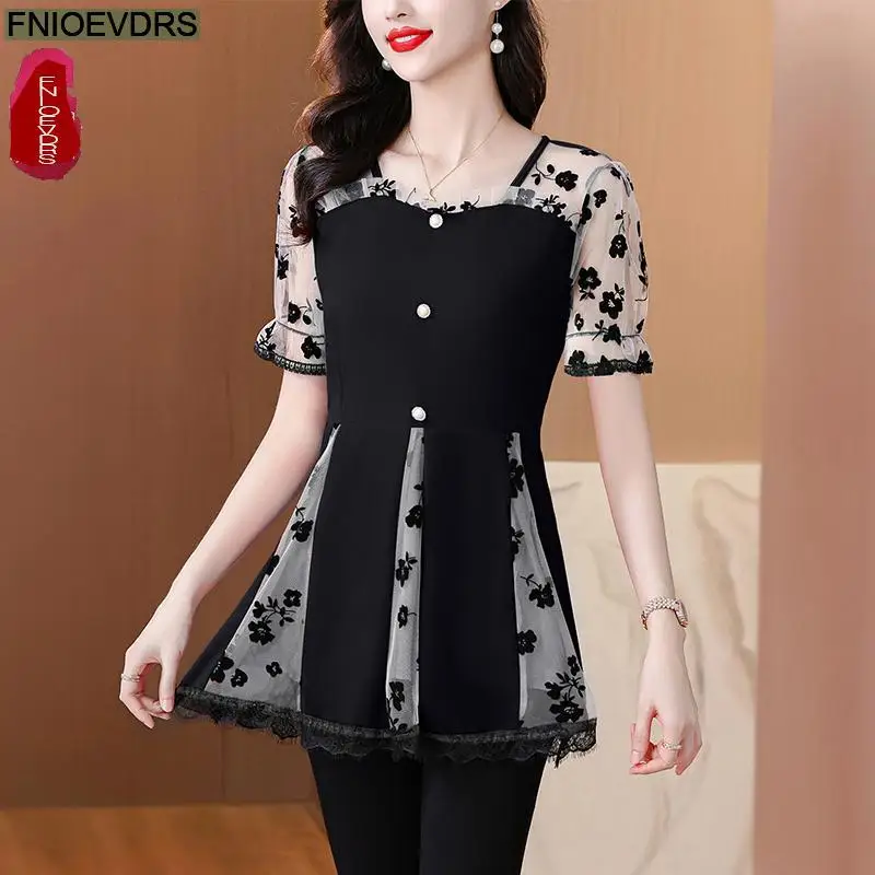 Hot Sales Autumn 2024 Women European Fashion Elegant Black Shirt Sheer Mesh Ruffles Casual Tunic Belly Peplum Tops And Blouses