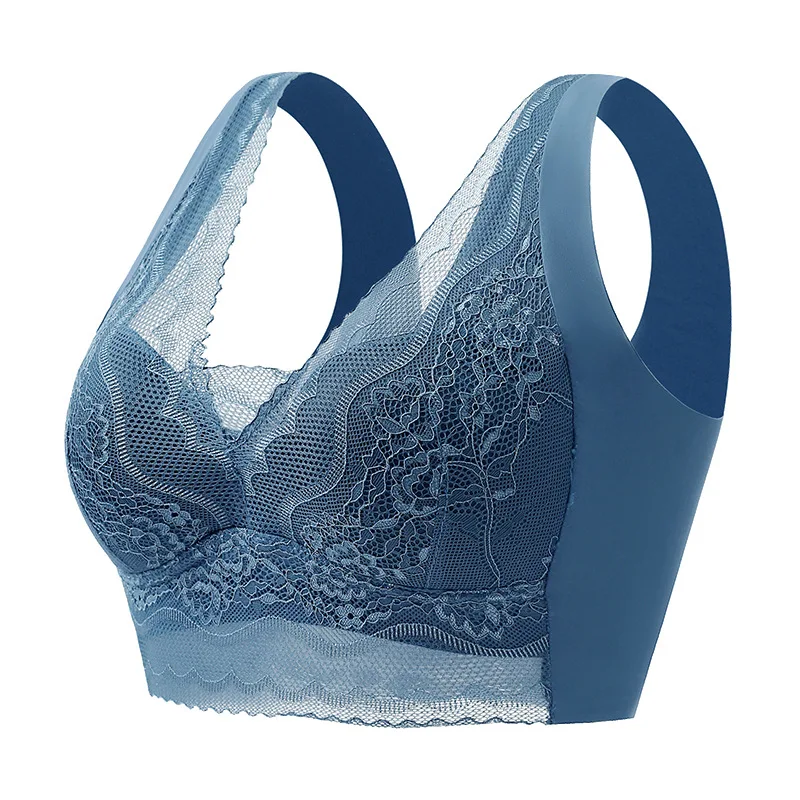 Lace wrap-around tank top bra with cups to control side breasts, seamless plus-size sleep bra