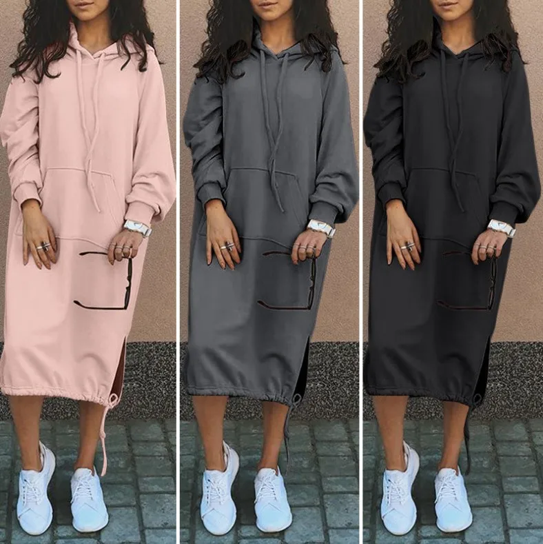 Damen locker geschnittenes, lässiges, mehrfarbiges Hoodie-Kleid mit langen Ärmeln, Kordelzug, Tasche und seitlichem Schlitz für den Alltag und zum Entspannen. – Detail 4