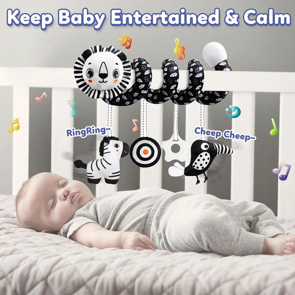 Baby Carseat Toy Black & White Lion Koala sonaglio spirale Hanging Activity passeggino giocattolo per neonati culla Mobile giocattolo sensoriale regali