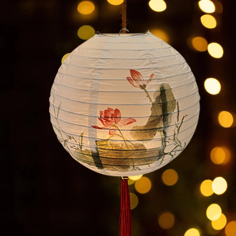 1pc Chinese Round Paper Lantern Red Plum Chinese Oriental Style Lantern Lamp for Wedding Restaurant Holiday Home Decoration 2022