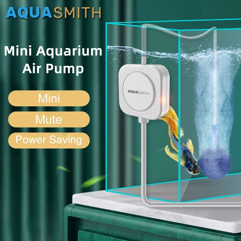 AQUASMITH-bomba de aire silenciosa para acuario, Mini máquina oxigenadora pequeña para el hogar, tanque de peces pequeño, ahorro de energía, bomba de oxígeno disuelto alto