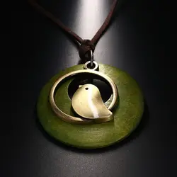 Vintage Wooden Bird Pendant Necklaces Boho Ethnic Style Metal Hollow Necklaces Retro Long Sweater Chain Rope Jewelry for Women