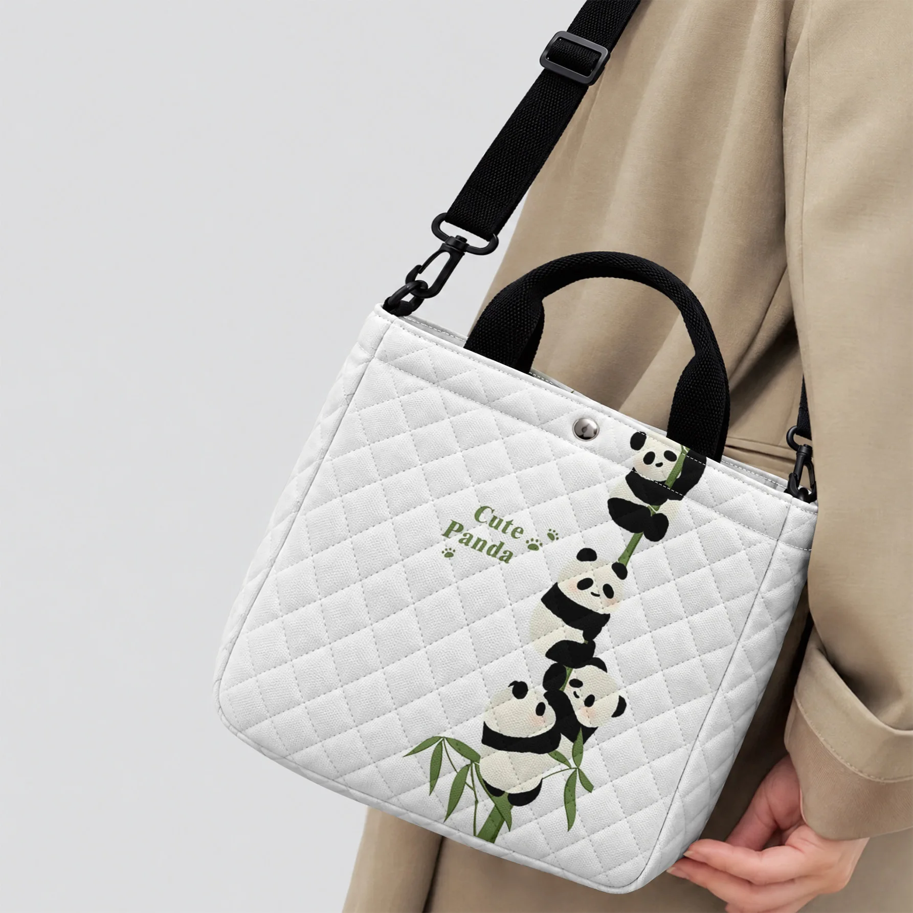 Cute Panda Bamboo Print Crossbody Tote, adjustable strap, roomy, hand & crossbody for school, shopping and daily use