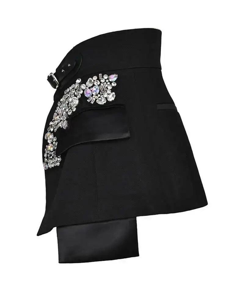 EAM Black Irregular Rhinestones Belted Mini Half-body Skirt High Waist Women Fashion Tide New Spring Autumn 2026 JY75801