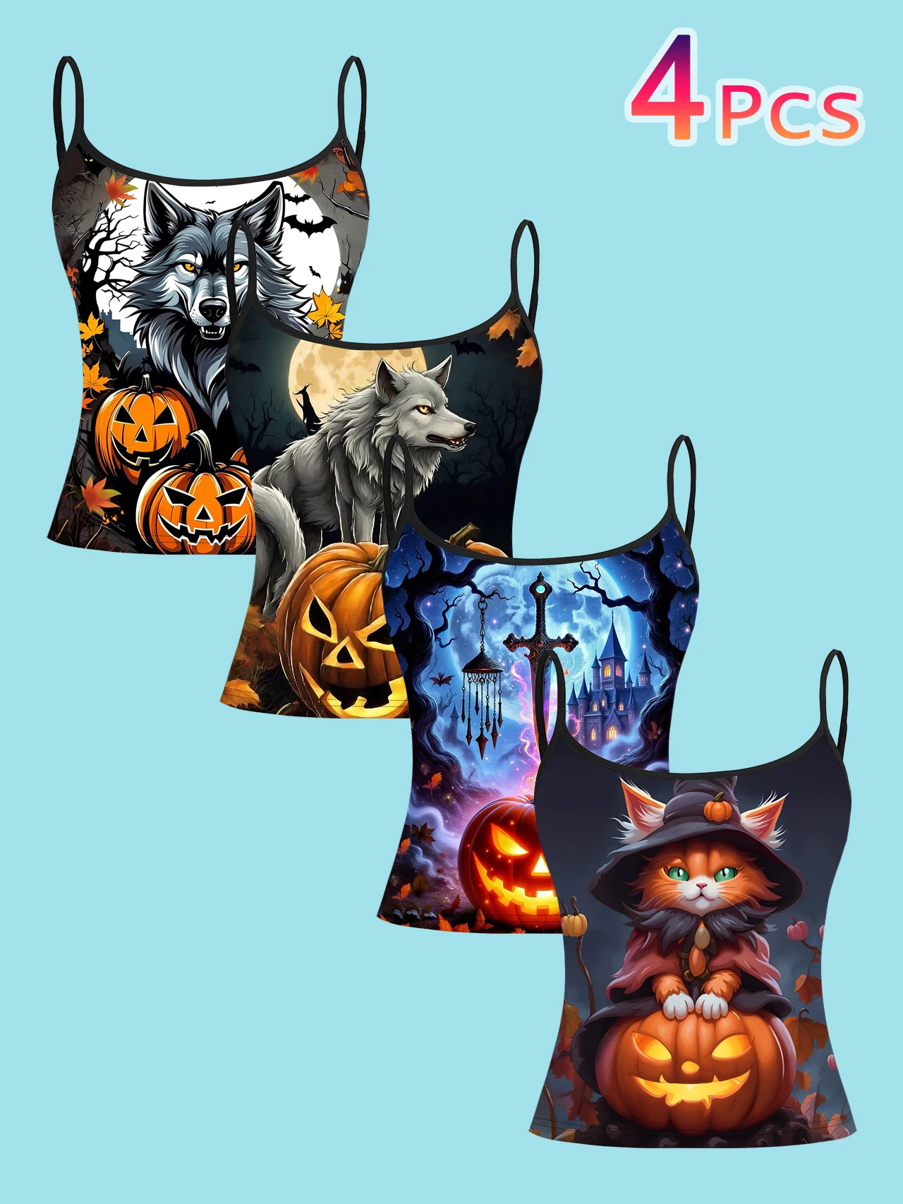 4-Piece Set of Halloween Wolf and Witch Cat Pumpkin Castle Women's Camisole Tops with Fantasy Dark Art Print, Slim-Fit Spaghetti Strap Short Camisole Tops