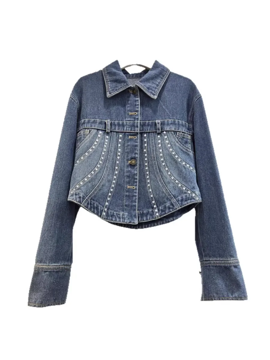 GALCAUR Blue Spliced Diamond Slimming Jacket Female Lapel Long Sleeve Basics Temperment Women's Jackets Style Fashion Clothing