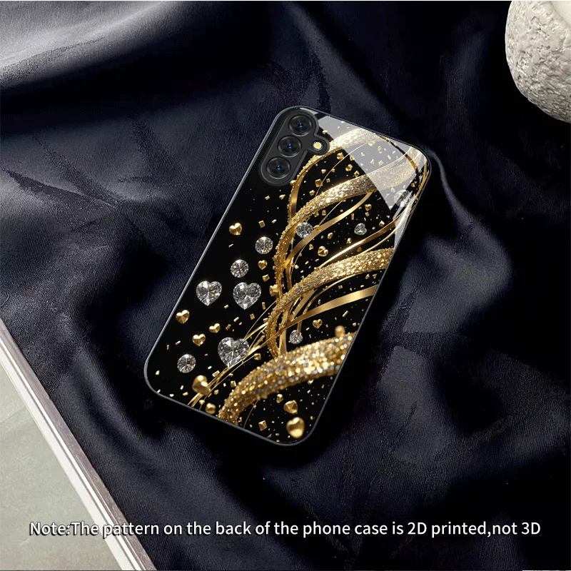 Black Gold Glitter Diamond Glass phone case mobile phones fashion phone cases for Samsung Galaxy S26 S25 S24 S23 FE,Ultra,Plus
