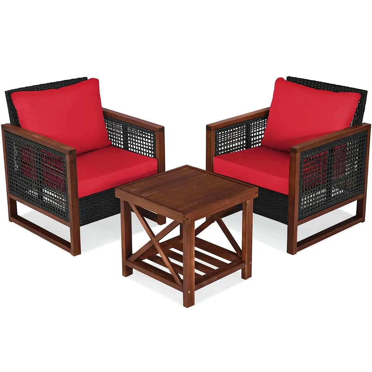 

Красный комплект для отдыха на открытом воздухе из 3 предметов: 2 стула, 1 стол, подушки, каркас из акации, для сада, террасы, бассейна, на заказ