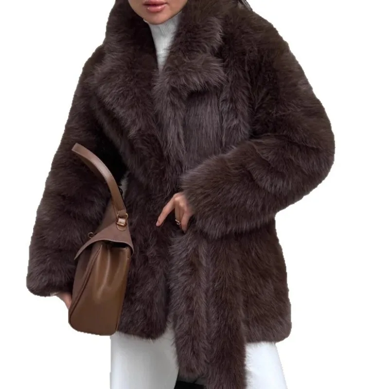 

Winter thickened imitation fur coat women's medium and long belt fox fur coat suit collar fashion plush women's clothing
