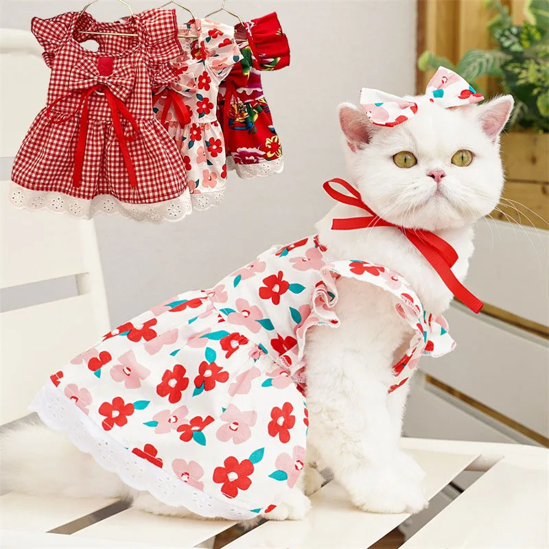 Summer Dog Dress Cute Flower Pattern Plaid Skirts Cat Princess Dresses Chihuahua Yorkie Sweet Skirts Puppy Clothes Pet Costume