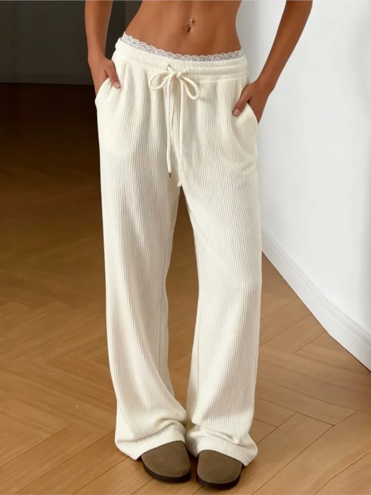 

Women's Clothing Casual Loose Trousers Lace Straight Pants High Waist Solid Color Simple Style All-match Leace-up Temperament