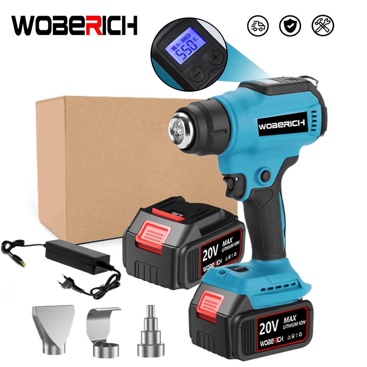 

Portable Heat Gun Cordless Electric Heat Gun 30-550℃ LED Temperature Display with 3 Nozzle For Makita/WOBERICH 18V Battery