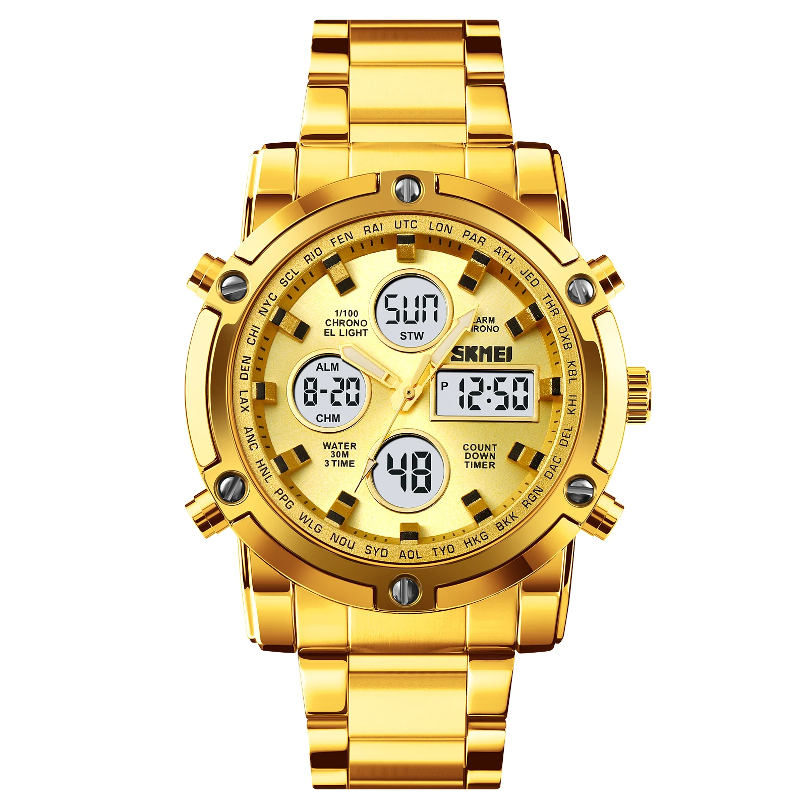 SKMEI Countdown Stainless Steel Strip Electronic Wristwatch 3Time Digital Quartz Watch For Men Women Fashion Business Week Watch