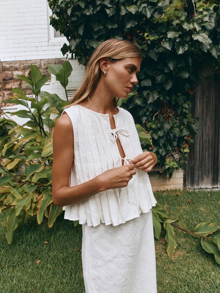 Korean Sleeveless Lace Elegant Tops Loose Beach Hollow Out Dresses Outfit Women Normcore Pleated Cotton Linen Casual Clothes