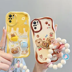 Curly Wave Edge Cream Rabbit Phone Case For Xiaomi Redmi Note 10 Lite 10s 10T 8 9 Pro Max 9s 9T 5G INS Flowers Wrist Strap Cover