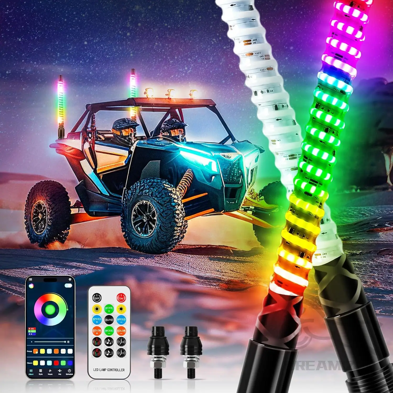 2PCS 1FT COB LED Whip Lights RGB Chasing Lighted Antenna Whips for UTV ATV Truck Polaris Dune Buggy RZR Can-Am