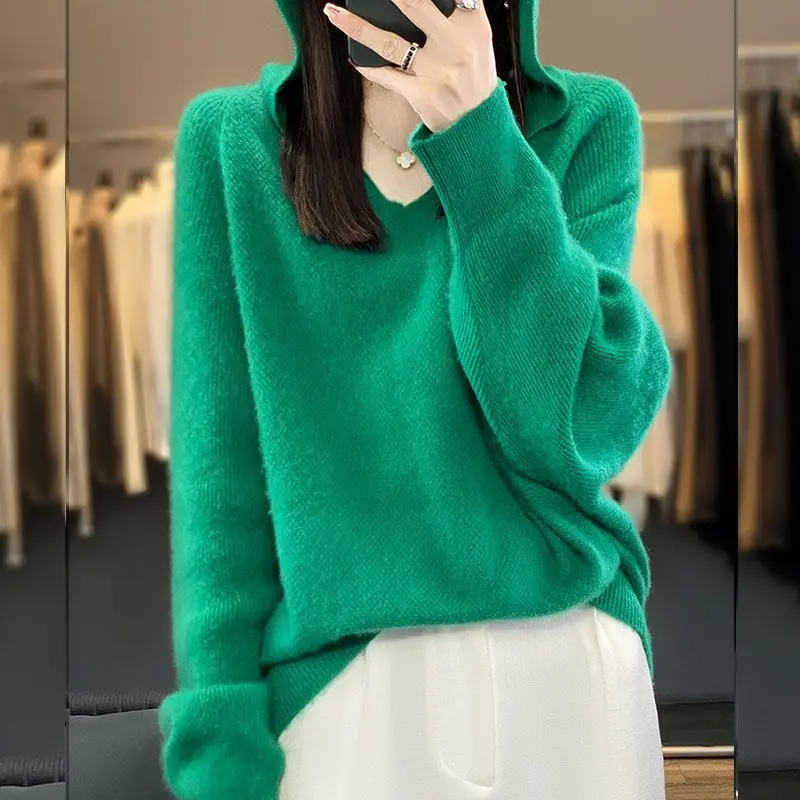 سترة بقلنسوة امرأة الخريف الشتاء كم طويل الكورية فضفاض البلوز قميص الصلبة عادية الأساسية البلوفرات الكورية متماسكة القمم البلوز