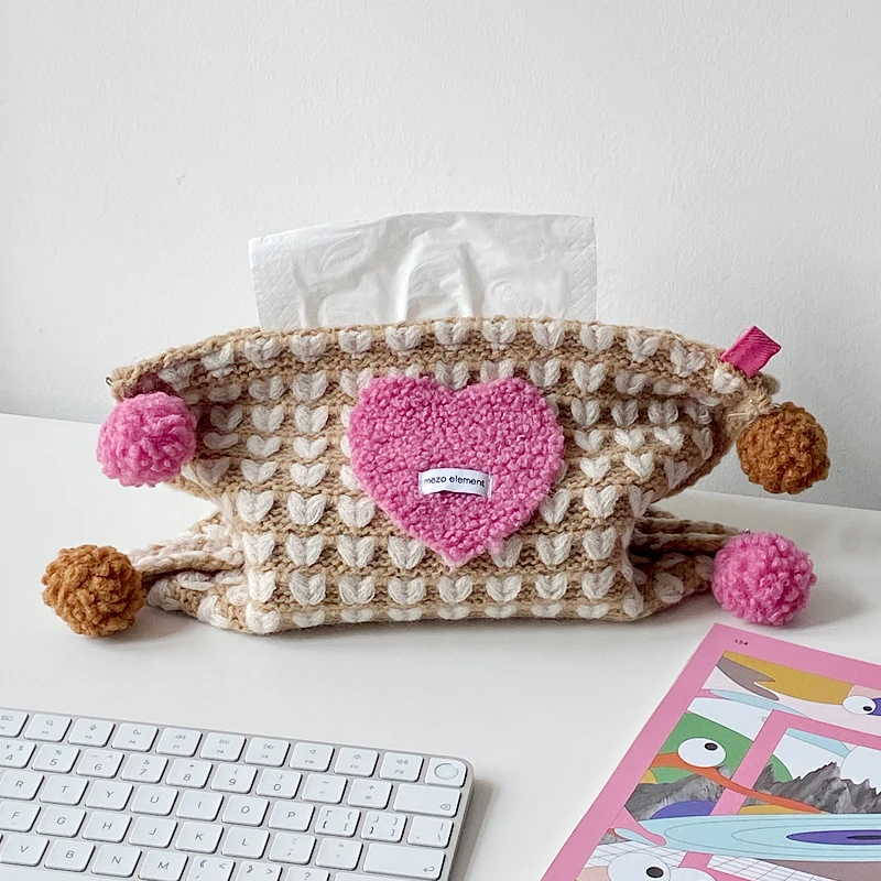 Cute Heart Plush Knitted Paper Towel Set for Home Bedroom Hangable Fabric Drawing Box Car Large Tissue Box Cover Storage Free