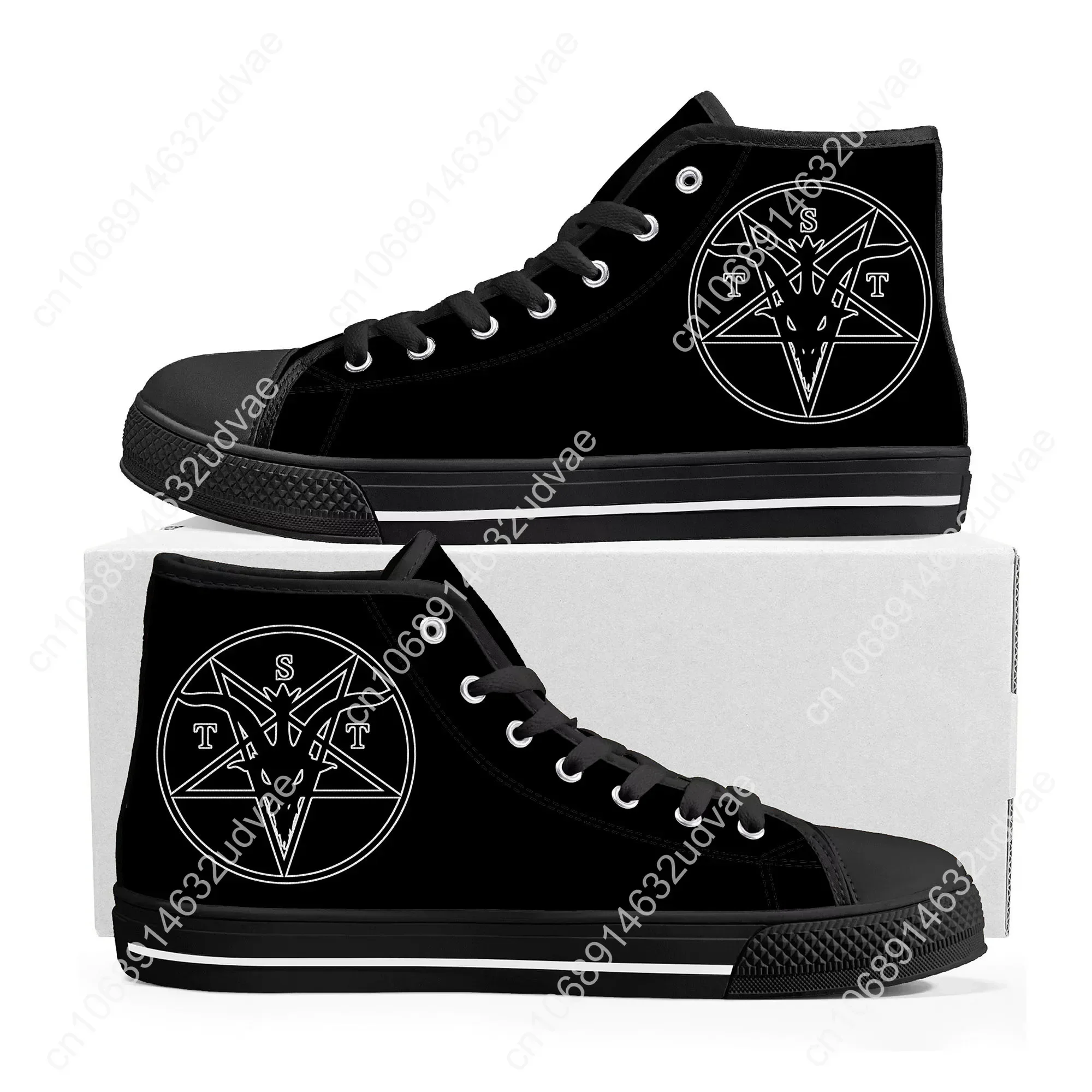 Tênis de cano alto para homens e mulheres, tênis de lona, sapato casual personalizado, pentagrama, Baphomet, satanás, gótico satânico, cabra gótica, adolescente