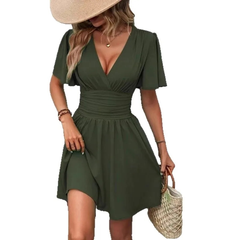 

2025 New Fashion Ruffled Pleated Short-sleeved Dress Women Summer Casual Loose Solid Color V-neck Mini Dresses For Women