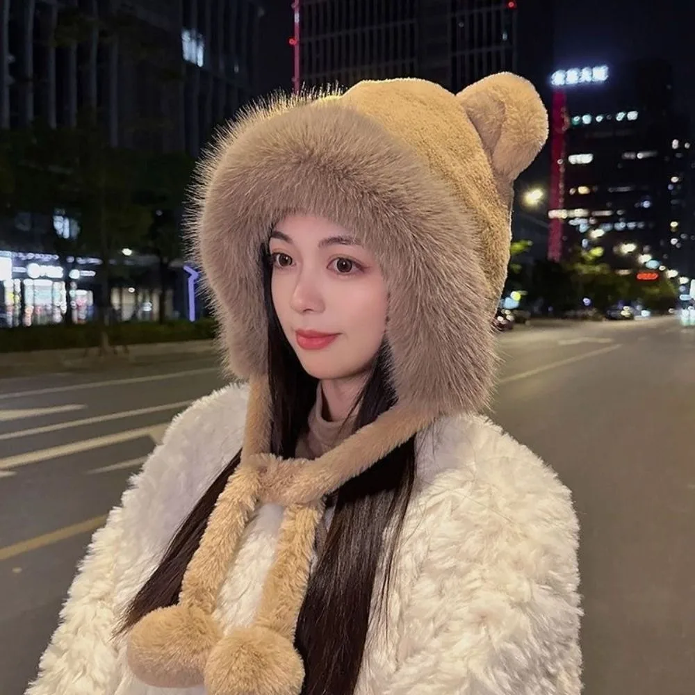 

Cute Warm Winter Hat Woolen Lacing Bear Ears Hat Velvet Ear Protection Bucket Hat Women