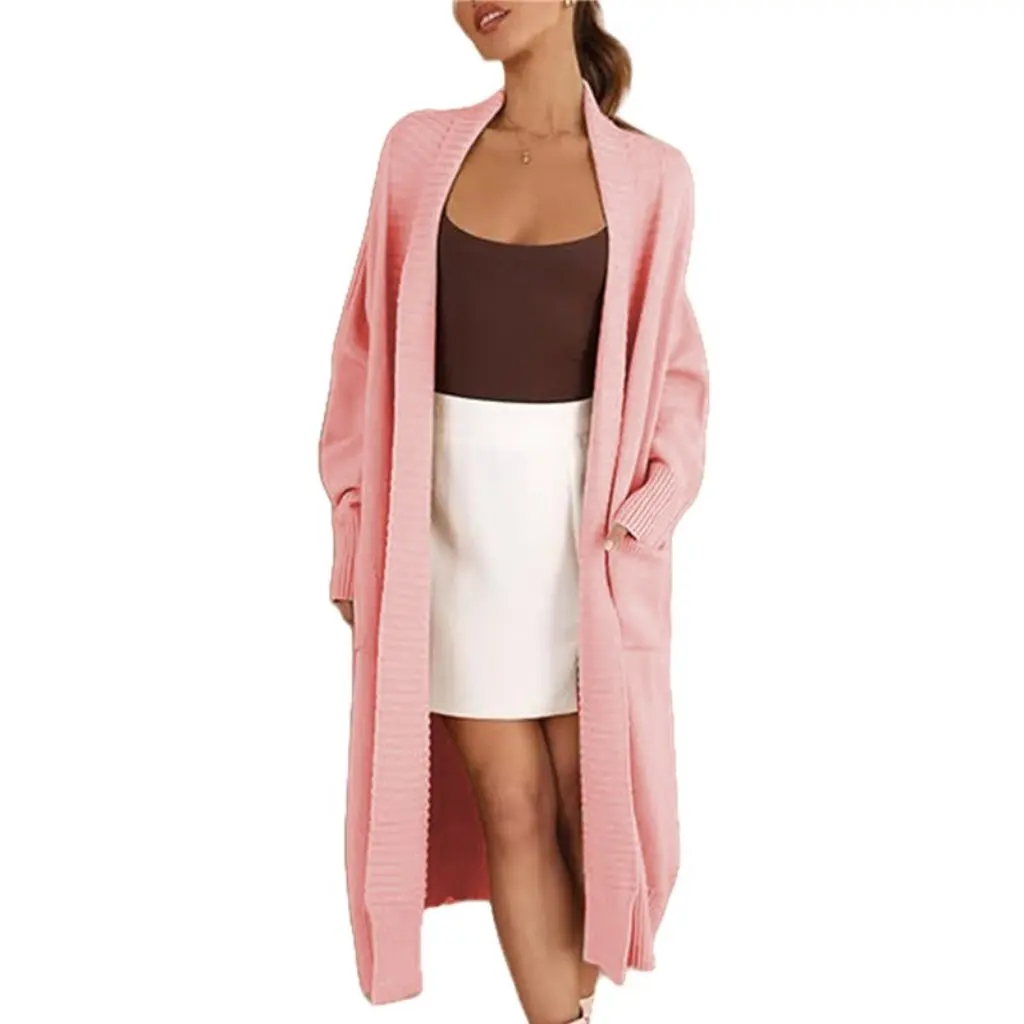 

European Style Long Sleeve Knitted Sweater Coat Women's Pure Color Front Opening Pocket Cardigan Outerwear Fashionable Casual